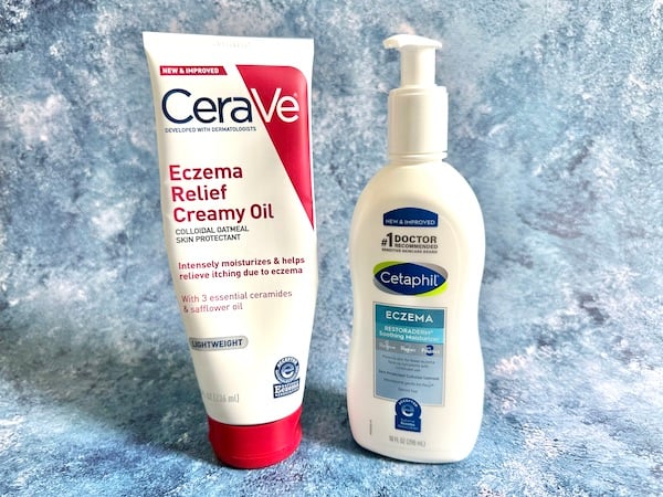Кремообразно масло за облекчаване на екзема CeraVe и успокояващ овлажнител Cetaphil Eczema Restoraderm.