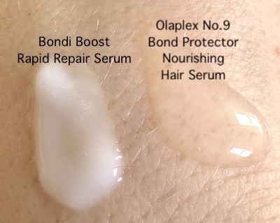 Bondi Boost Rapid Repair Serum ו-Olaplex No. 9 Bond Protector Nourishing Hair Serum, מתויג ונדגם בהישג יד.